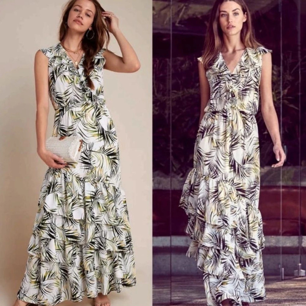 NWT MISA Los Angeles Maxine Palm Print Flutter Sleeve Maxi Dress White Green XS